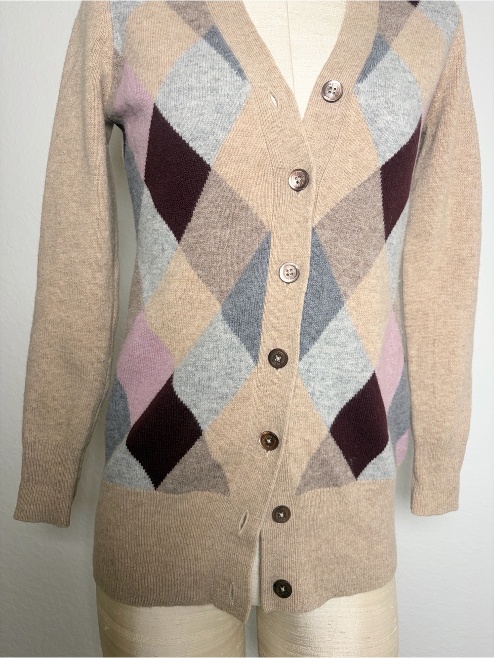 Brooks Brothers Argyle Button-Front 100% Lambswool Cardigan Sweater Tan XS - Picture 6 of 9